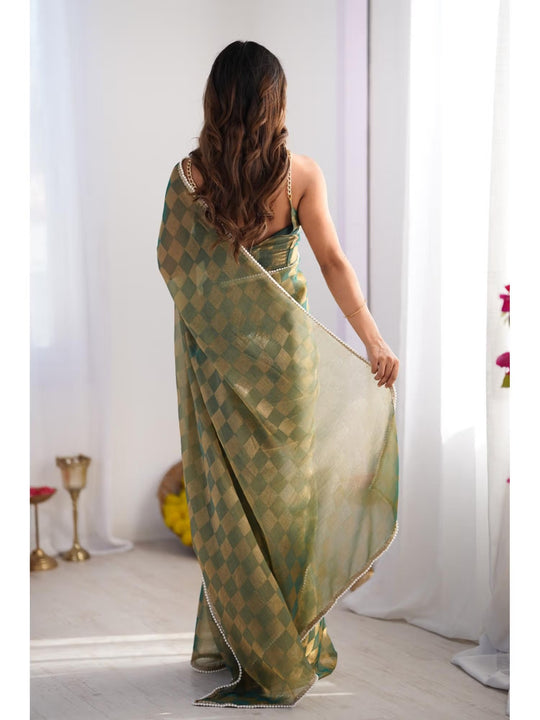 Mehendi Box Chiffon Moti Lace Border Designer Saree with Blouse