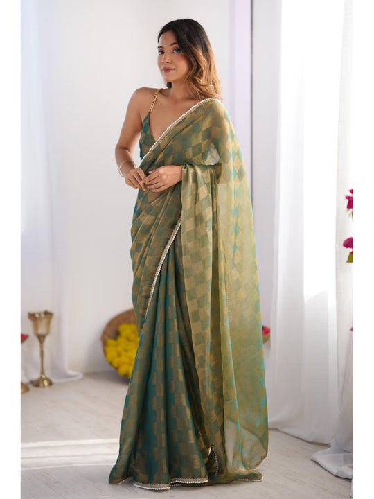 Mehendi Box Chiffon Moti Lace Border Designer Saree with Blouse