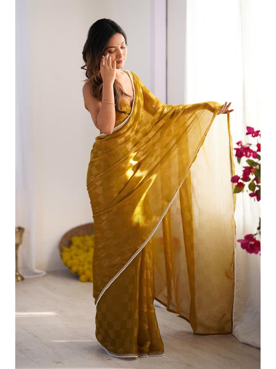 Mustard Box Chiffon Moti Lace Border Designer Saree with Blouse