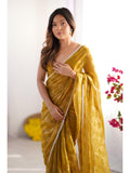 Mustard Box Chiffon Moti Lace Border Designer Saree with Blouse