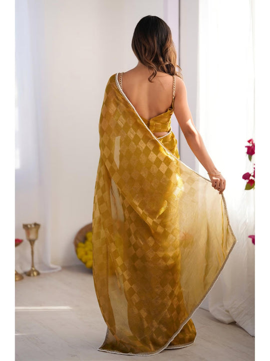 Mustard Box Chiffon Moti Lace Border Designer Saree with Blouse