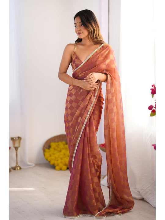 Brown Box Chiffon Moti Lace Border Designer Saree with Blouse