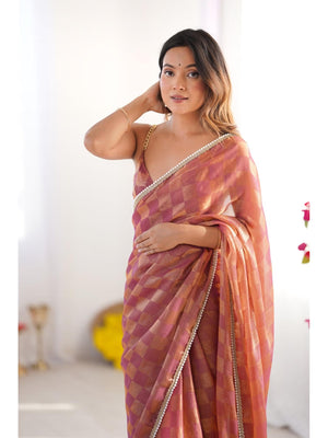 Brown Box Chiffon Moti Lace Border Designer Saree with Blouse