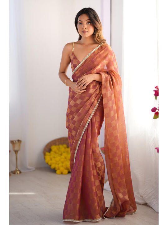 Brown Box Chiffon Moti Lace Border Designer Saree with Blouse