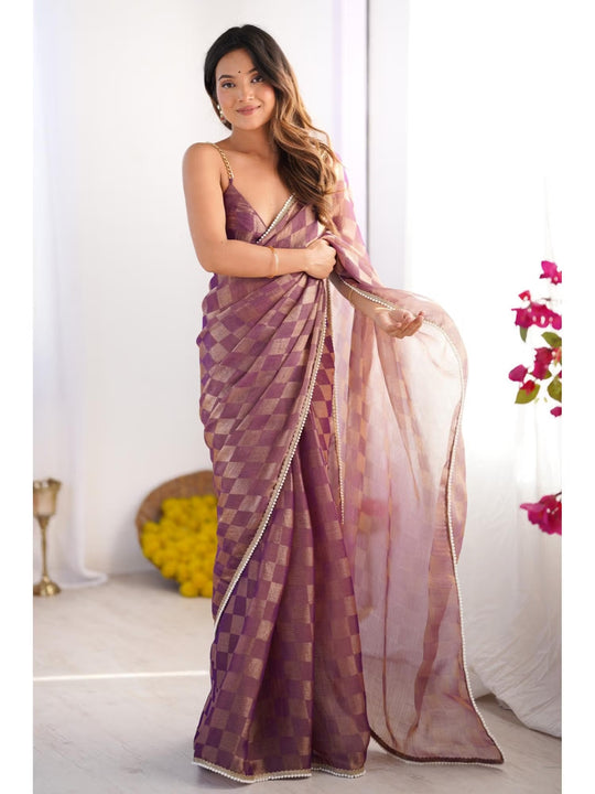 Purple Box Chiffon Moti Lace Border Designer Saree with Blouse