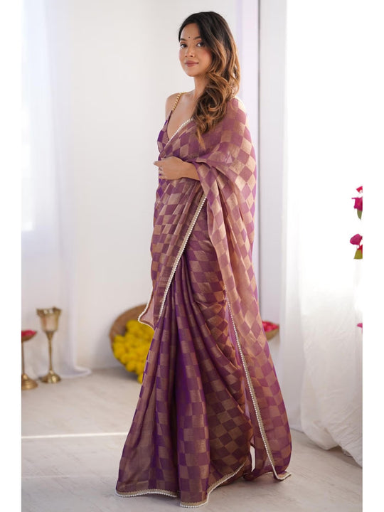 Purple Box Chiffon Moti Lace Border Designer Saree with Blouse