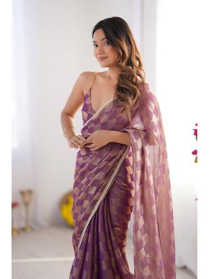 Purple Box Chiffon Moti Lace Border Designer Saree with Blouse