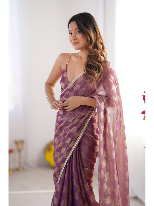 Purple Box Chiffon Moti Lace Border Designer Saree with Blouse