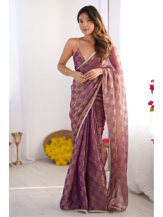 Purple Box Chiffon Moti Lace Border Designer Saree with Blouse