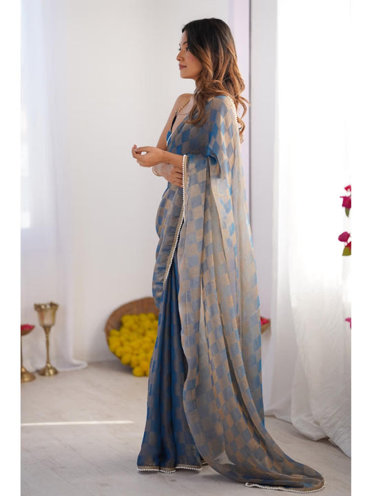 Blue Box Chiffon Moti Lace Border Designer Saree with Blouse
