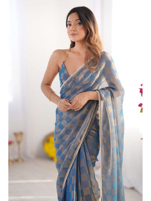 Blue Box Chiffon Moti Lace Border Designer Saree with Blouse