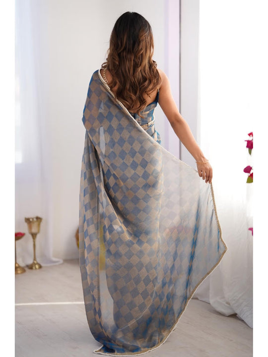 Blue Box Chiffon Moti Lace Border Designer Saree with Blouse