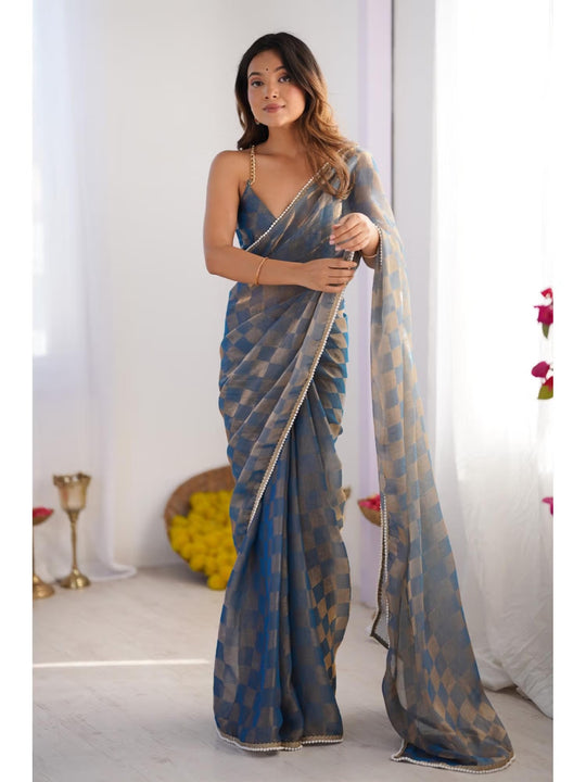 Blue Box Chiffon Moti Lace Border Designer Saree with Blouse