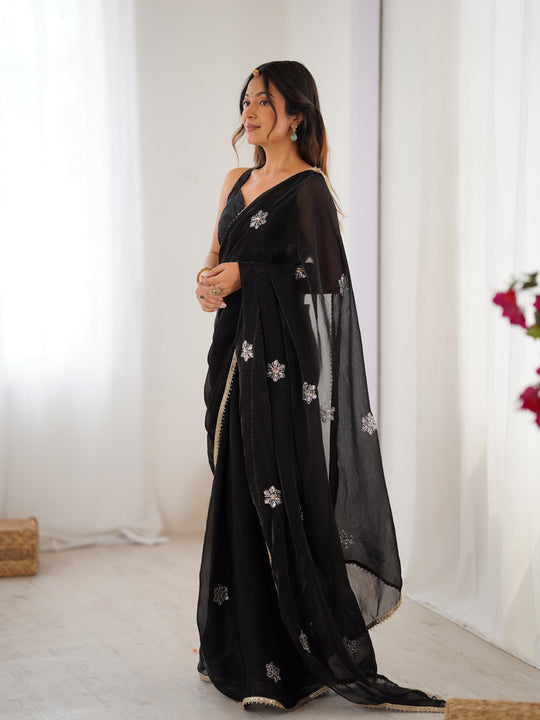 Black Soft Fendy Embroidered Designer Saree with Blouse
