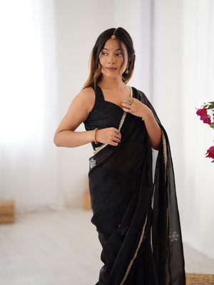 Black Soft Fendy Embroidered Designer Saree with Blouse