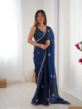 Navy Blue Soft Fendy Embroidered Designer Saree with Blouse
