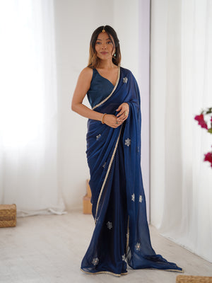 Navy Blue Soft Fendy Embroidered Designer Saree with Blouse