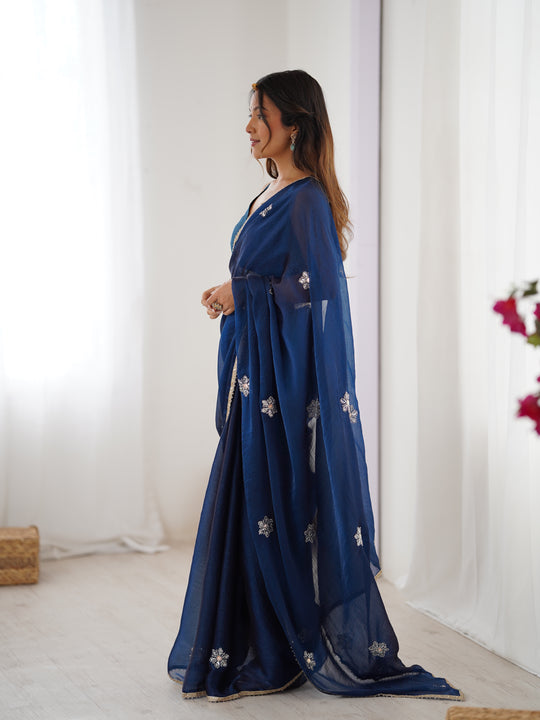 Navy Blue Soft Fendy Embroidered Designer Saree with Blouse