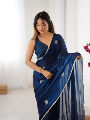 Navy Blue Soft Fendy Embroidered Designer Saree with Blouse