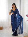 Navy Blue Soft Fendy Embroidered Designer Saree with Blouse