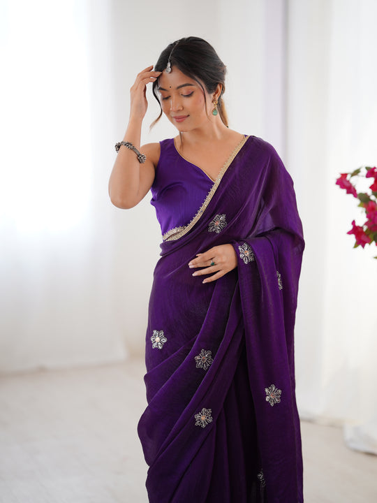 Purple Soft Fendy Embroidered Designer Saree with Blouse