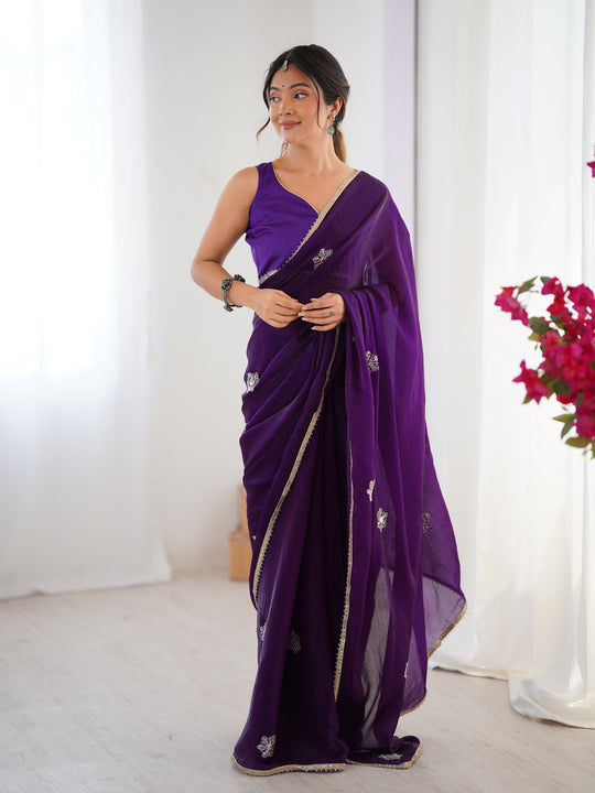 Purple Soft Fendy Embroidered Designer Saree with Blouse