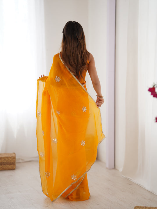 Yellow Soft Fendy Embroidered Designer Saree with Blouse