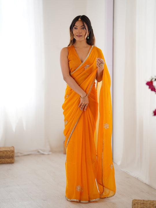 Yellow Soft Fendy Embroidered Designer Saree with Blouse