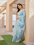 Sky Blue Soft Tissue Linen Silk Zari Woven Saree with Blouse