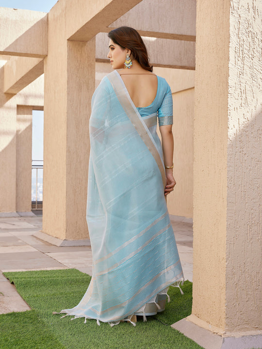Sky Blue Soft Tissue Linen Silk Zari Woven Saree with Blouse