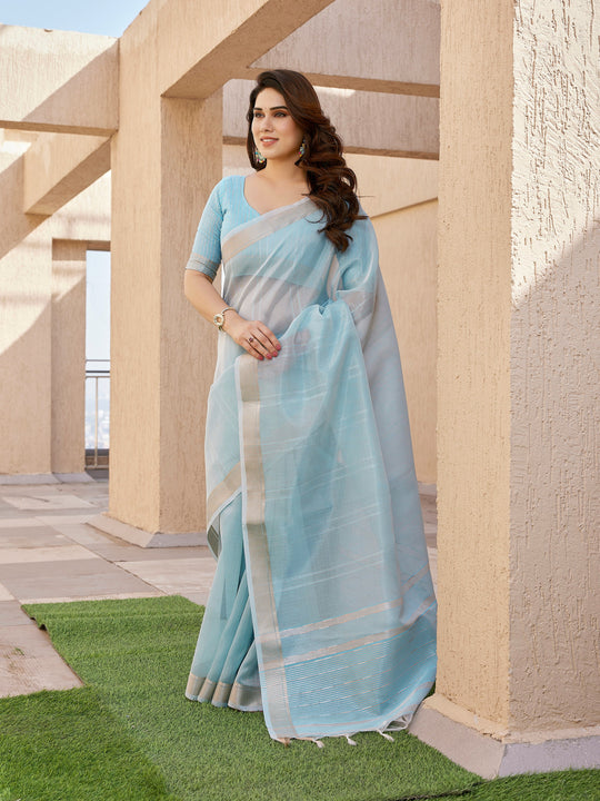 Sky Blue Soft Tissue Linen Silk Zari Woven Saree with Blouse
