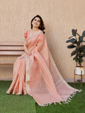 Peach Soft Tissue Linen Silk Zari Woven Saree with Blouse