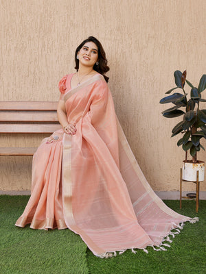 Peach Soft Tissue Linen Silk Zari Woven Saree with Blouse