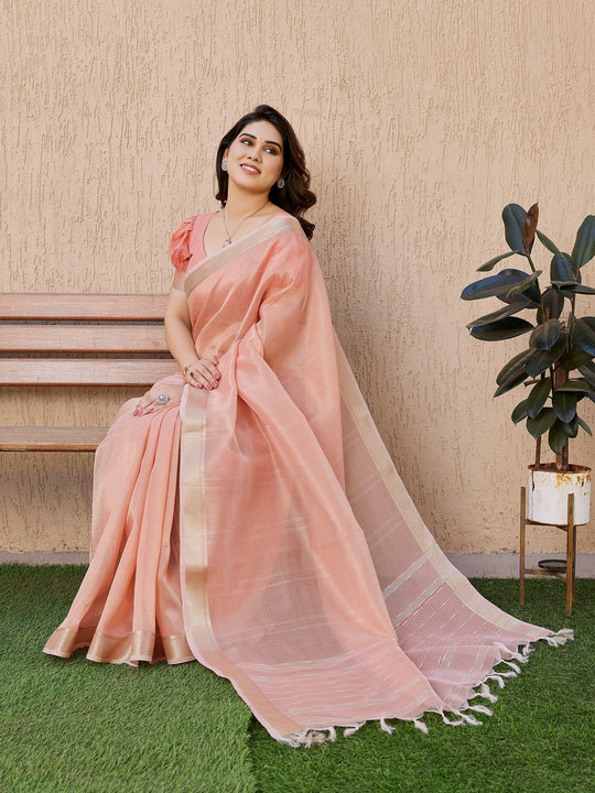 Peach Soft Tissue Linen Silk Zari Woven Saree with Blouse