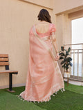 Peach Soft Tissue Linen Silk Zari Woven Saree with Blouse