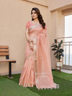 Peach Soft Tissue Linen Silk Zari Woven Saree with Blouse