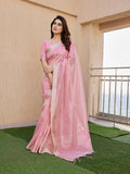Pink Soft Tissue Linen Silk Zari Woven Saree with Blouse