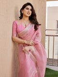 Pink Soft Tissue Linen Silk Zari Woven Saree with Blouse