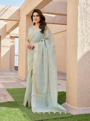 Sea Green Soft Tissue Linen Silk Zari Woven Saree with Blouse