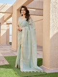 Sea Green Soft Tissue Linen Silk Zari Woven Saree with Blouse