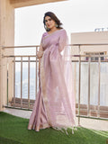 Purple Soft Tissue Linen Silk Zari Woven Saree with Blouse