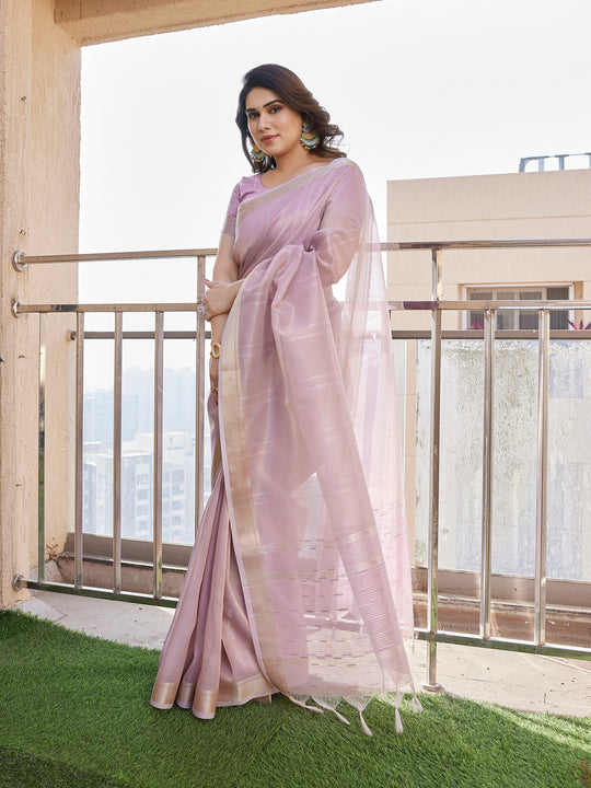 Purple Soft Tissue Linen Silk Zari Woven Saree with Blouse