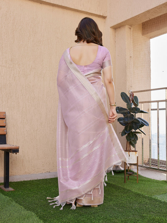 Purple Soft Tissue Linen Silk Zari Woven Saree with Blouse
