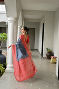 Navy Blue Soft Tussar Silk Ikkat Printed Saree with Blouse