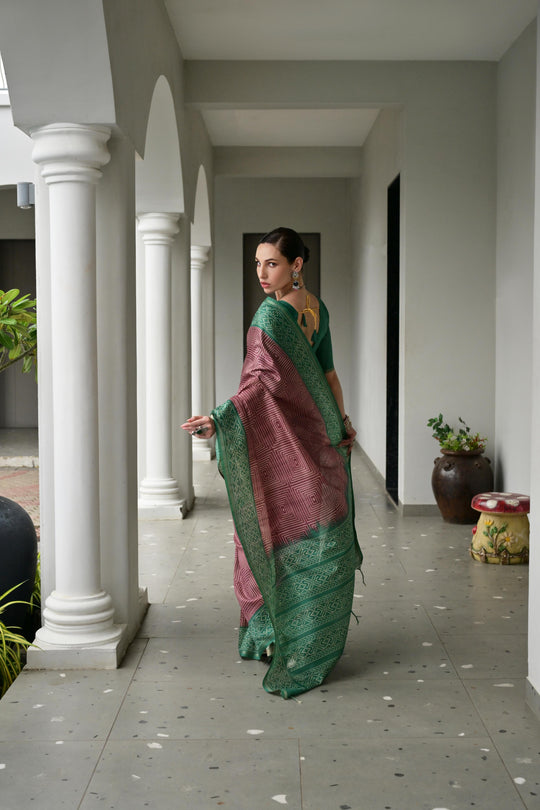 Wine Soft Tussar Silk Ikkat Printed Saree with Blouse