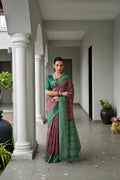 Wine Soft Tussar Silk Ikkat Printed Saree with Blouse