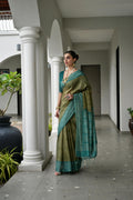 Mehendi Soft Tussar Silk Ikkat Printed Saree with Blouse