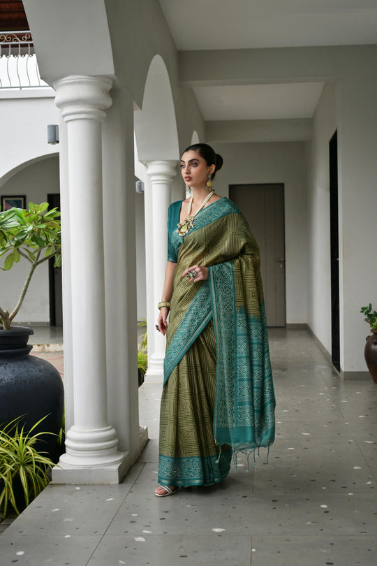 Mehendi Soft Tussar Silk Ikkat Printed Saree with Blouse