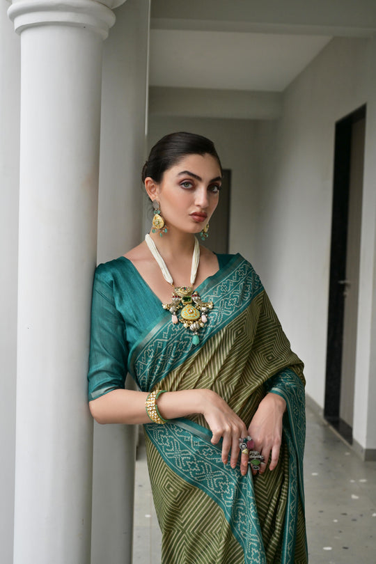 Mehendi Soft Tussar Silk Ikkat Printed Saree with Blouse