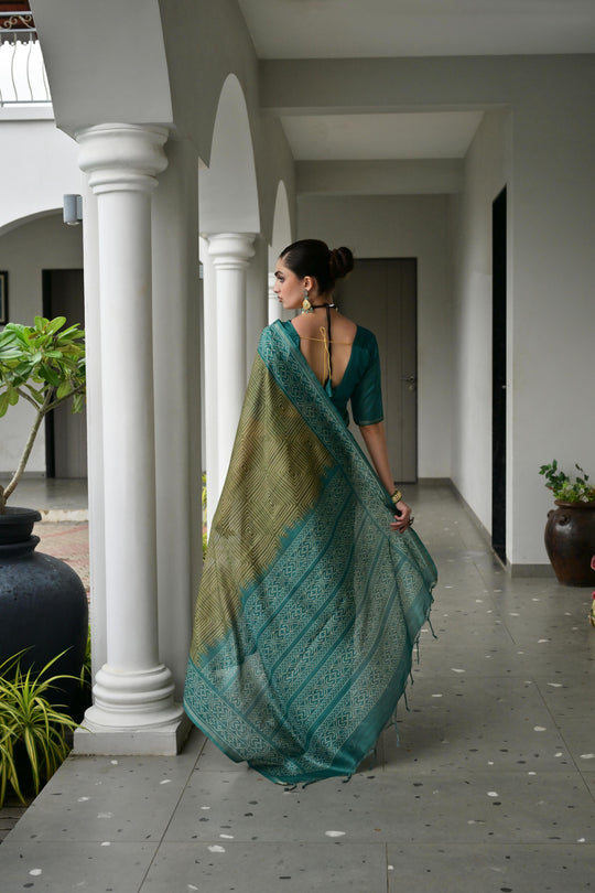 Mehendi Soft Tussar Silk Ikkat Printed Saree with Blouse